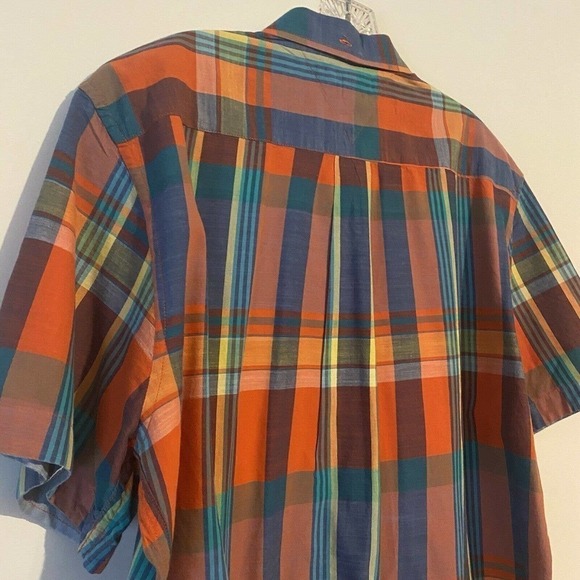 TOMMY Hilfiger Button Up Shirt Short Sleeve Orange Blue Plaid Checks Large - Picture 7 of 9